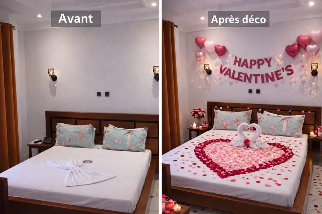 Décoration romantique Saint-Valentin 14 février 2026 au PADMA HOTEL avec salon lounge, éclairage chaleureux et ambiance intime.