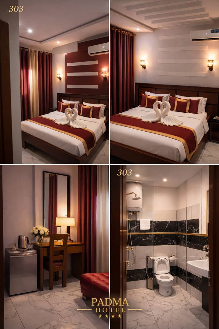 Suite Premium du PADMA HOTEL à Douala avec lit confortable, salle de bain moderne, balcon avec vue sur la ville et espace bureau. Canape et frigo